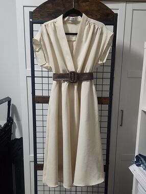 Suzy Shier Cream V-Neck Belted Midi Dress with Brown Buckle and POCKETS!